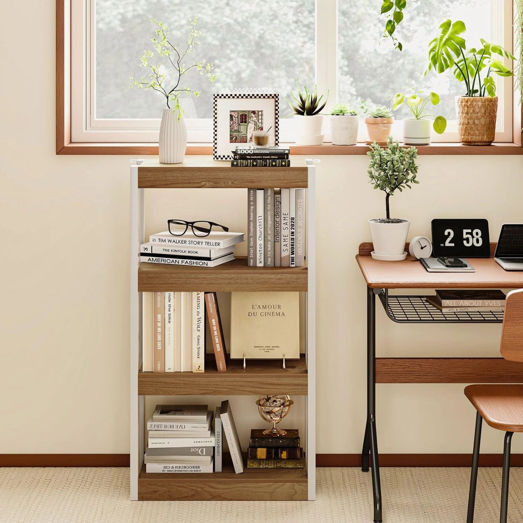 Libreria Aperta a 4 Ripiani, Scaffale Salvaspazio in Legno Anti Ribaltamento, Scaffale Portaoggetti Espositivo per Camera da Letto, Soggiorno, Cucina e Ingresso (Naturale,4 Livelli)