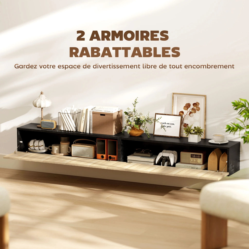 Mobile TV Sospeso per Televisore 72 Pollici ¨C zephmum ¨C Legno Naturale e Nero 140x25x22cm