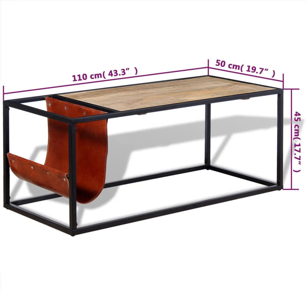 Tavolino da CaffÃ¨ in Vera Pelle con Portariviste 110x50x45 cm