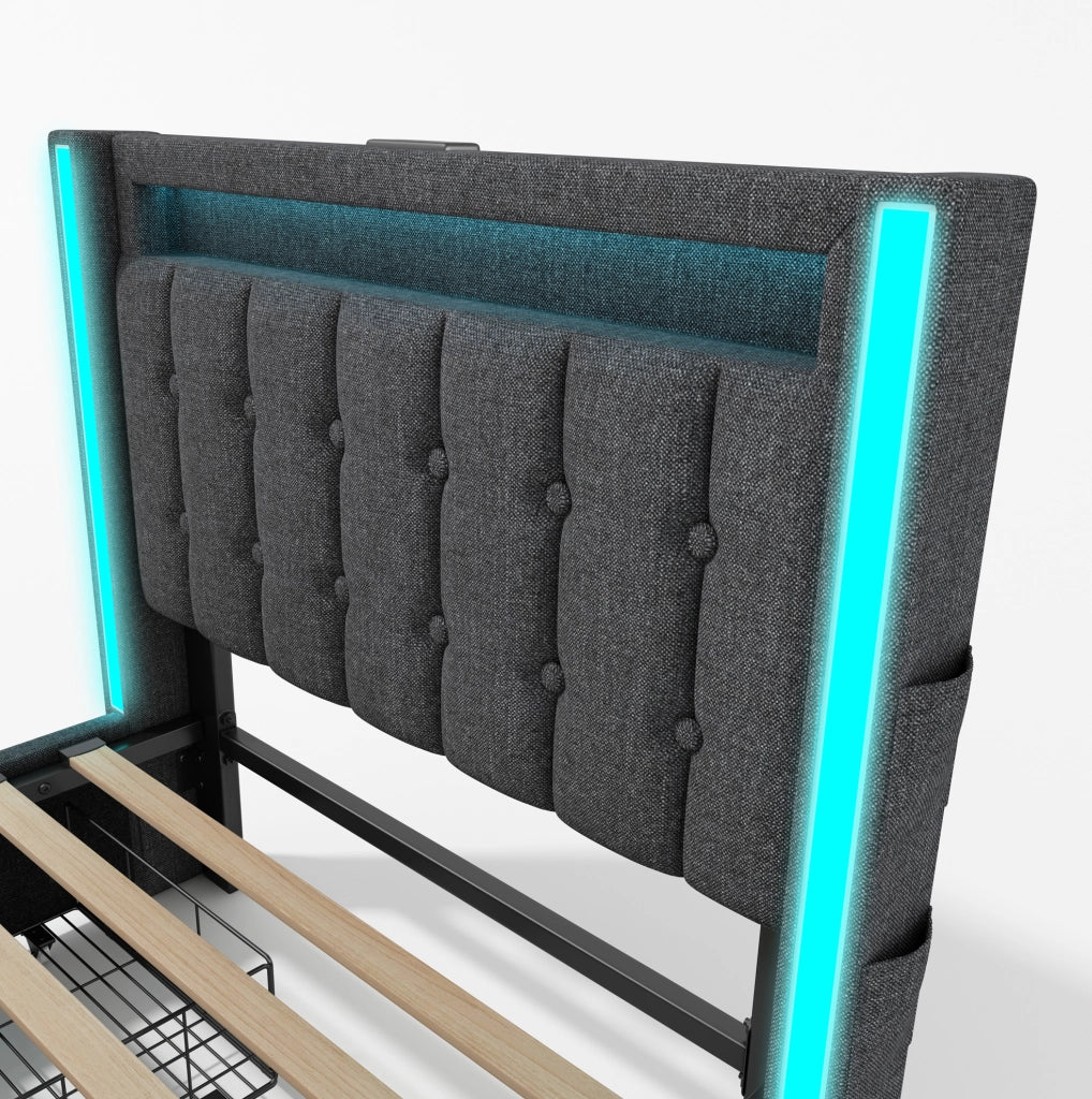 Letto singolo 90x200 cm in tessuto lino con 2 cassetti; USB e LED; grigio