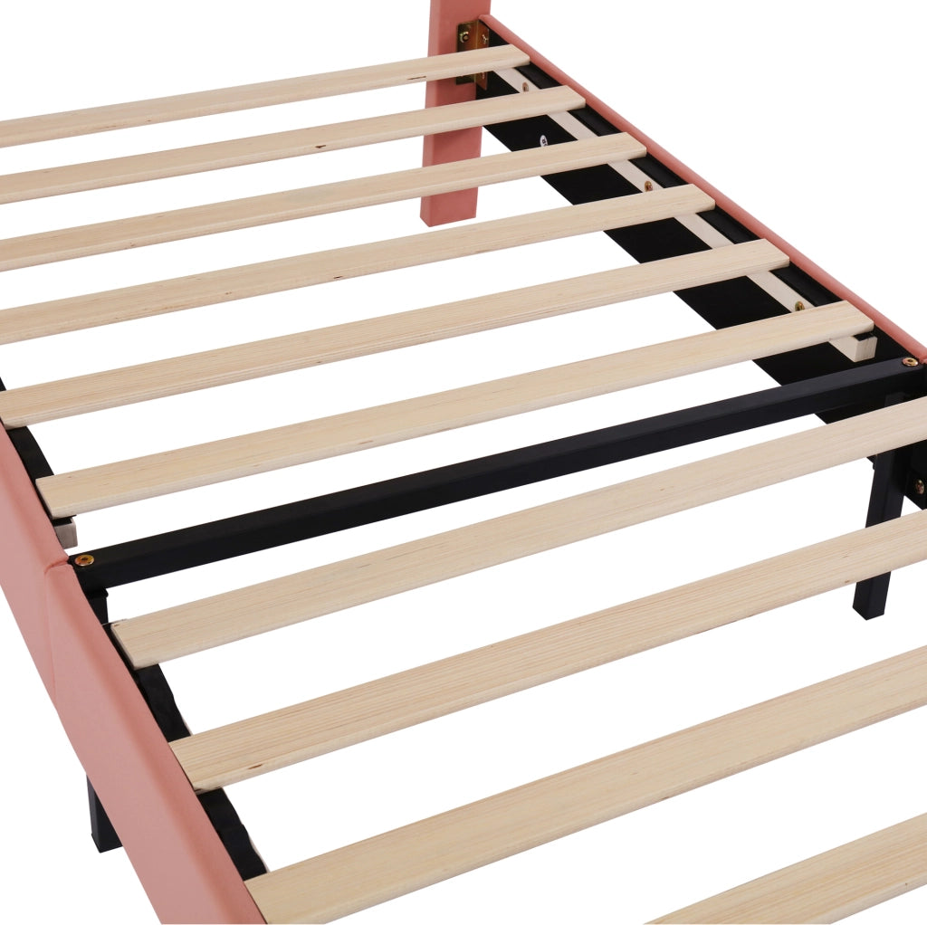 Letto imbottito 90x200 cm in velluto rosa con testiera regolabile e rete a doghe