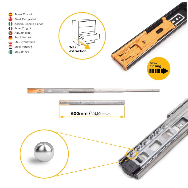 Set di guide a sfere per cassetti con estrazione totale e chiusura soft, altezza 45 mm, lunghezza 650 mm, Acciaio, Zin..