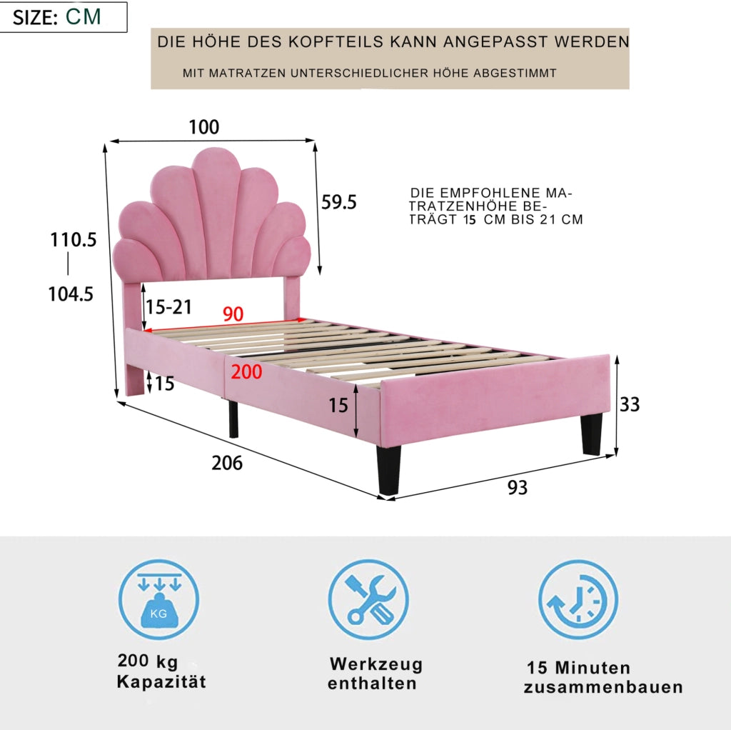 Letto imbottito 90x200 cm; testiera a fiore; velluto rosa (Senza materasso)