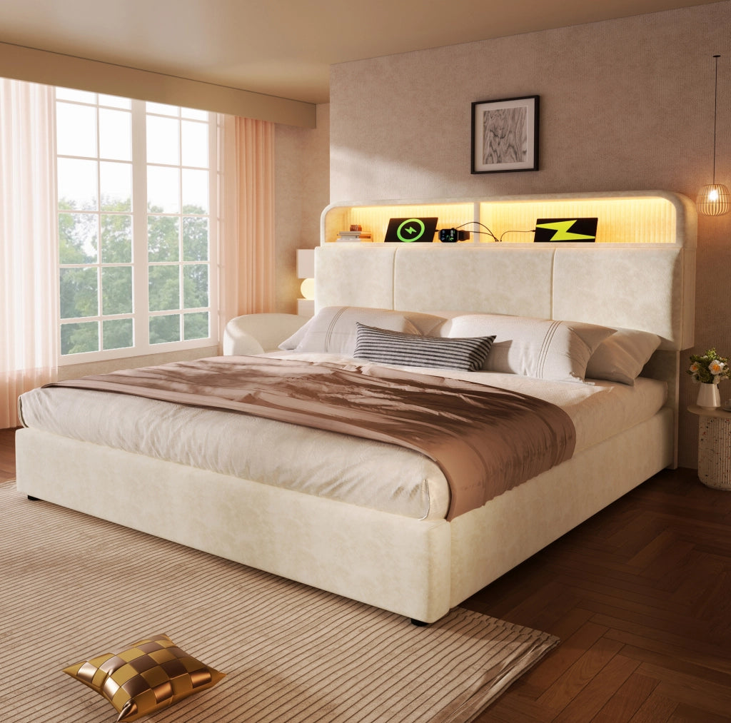 Letto matrimoniale 180x200 cm con testiera contenitore, LED e stazione di ricarica