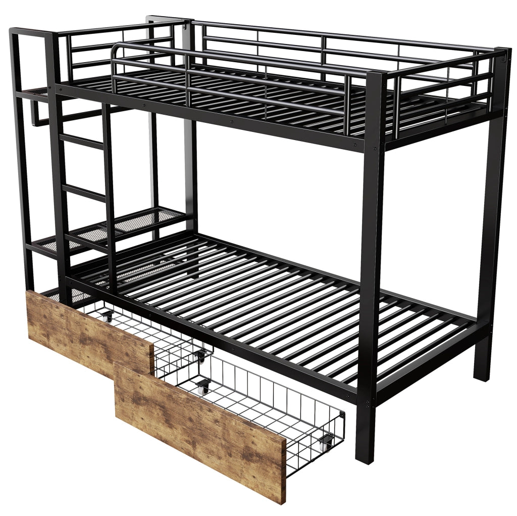 Letto a castello 90x200 cm in metallo e MDF con LED; 2 cassetti; ripiani e barra appendiabiti; nero