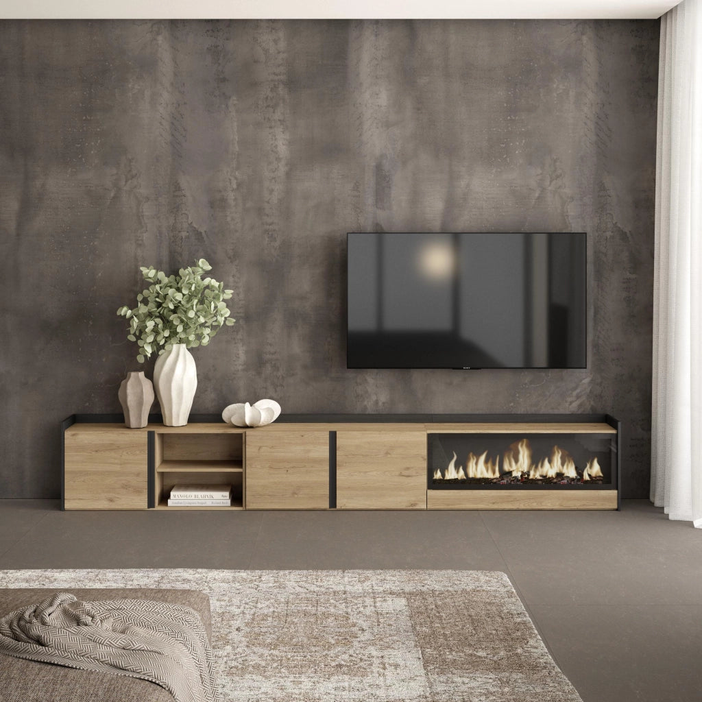 Mobile TV Soggiorno, 315x50x35 cm, Per TV fino a 80", Camino elettrico XXL, Rovere e nero