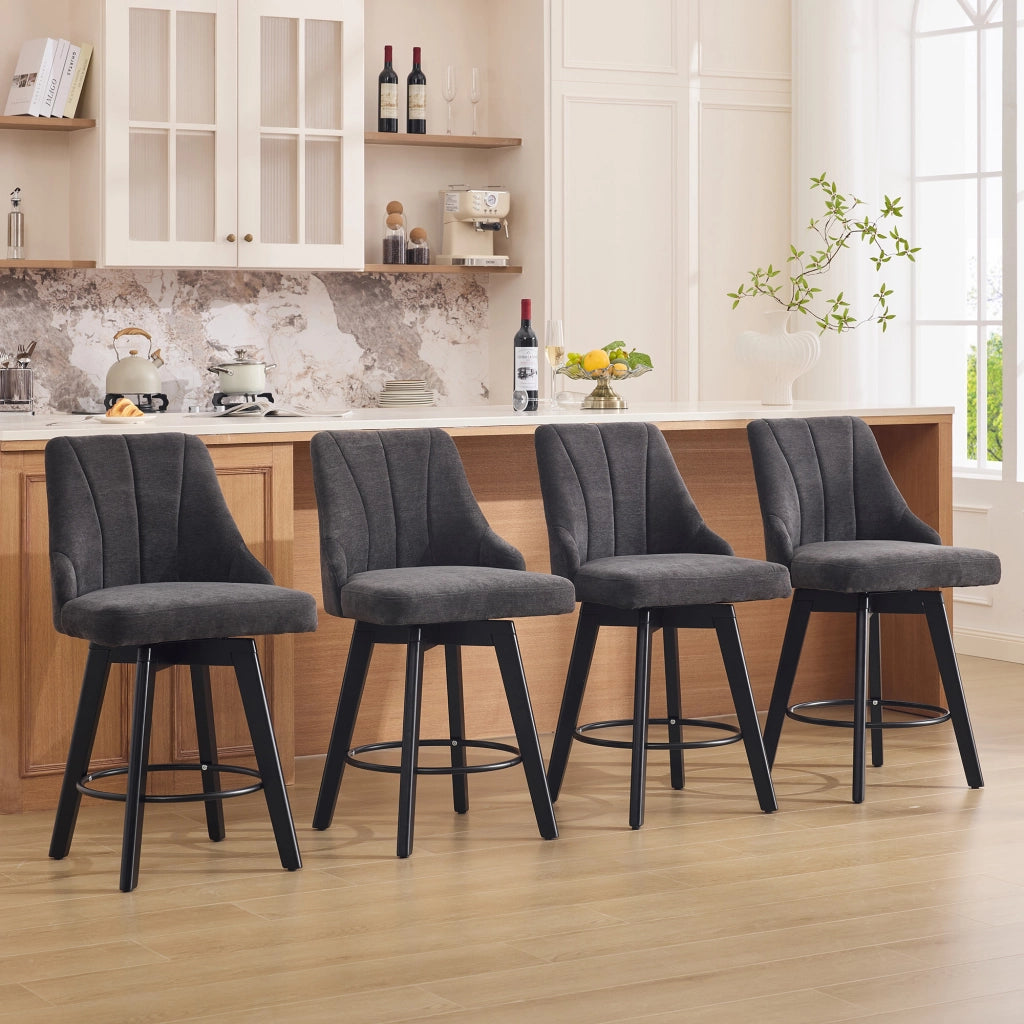 Sgabello da bar girevole in tessuto chenille, con schienale, poggiapiedi e base robusta, grigio