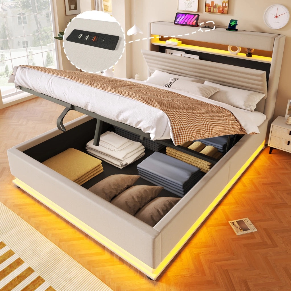 Letto imbottito ULEVR 140x200 cm con contenitore idraulico, LED, USB e Type-C, beige in lino