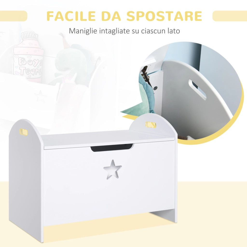 Baule Contenitore Panca Portagiochi per Bambini (62x40x46.5cm) in Legno Bianco con Cerniere di Sicurezza