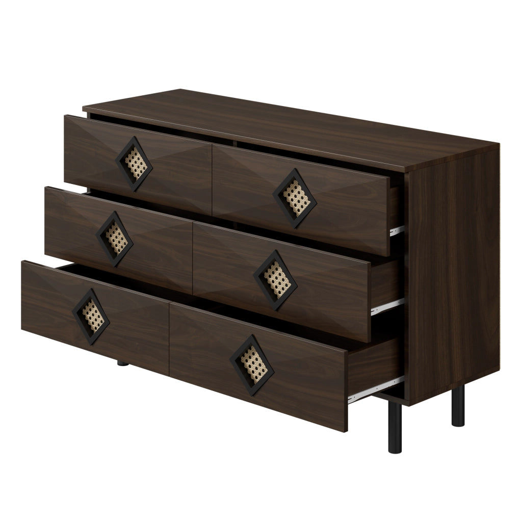 Toeletta con 6 Cassetti e Maniglie in Rattan; 2 Passacavi; Gambe in Metallo; Stile Moderno; Noce; 120??40??74 cm