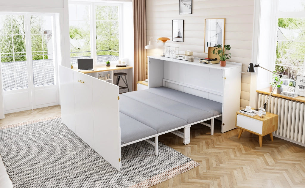 Letto a scomparsa 140 × 200 cm con ruote silenziose, materasso incluso, struttura in legno e metallo, bianco