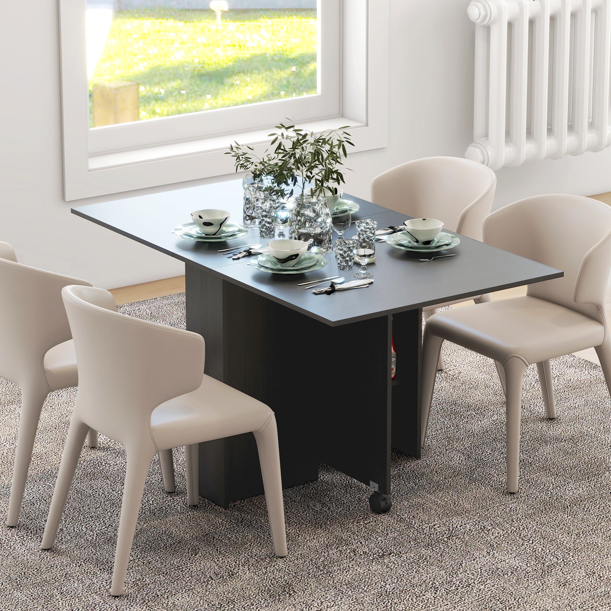 Tavolo Salvaspazio Pieghevole a 2 Ribalte per 6 Persone Nero