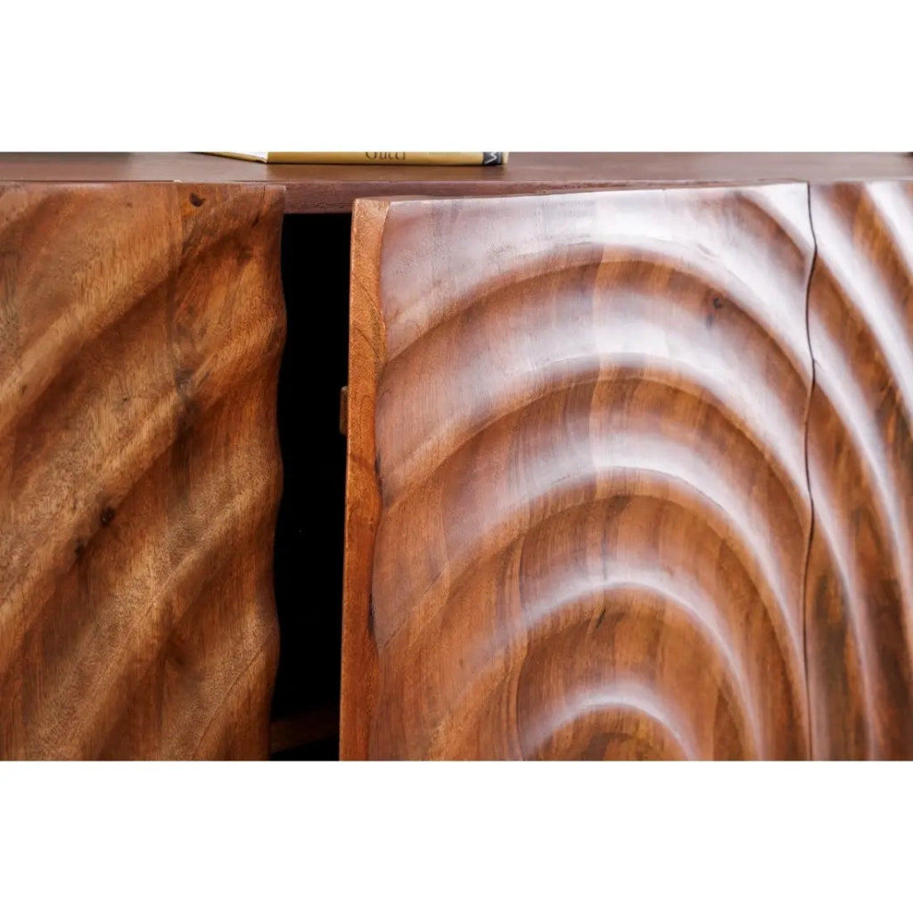 Buffet ZENWOOD 180 cm – Legno massiccio scolpito 3D e metallo nero – 4 porte