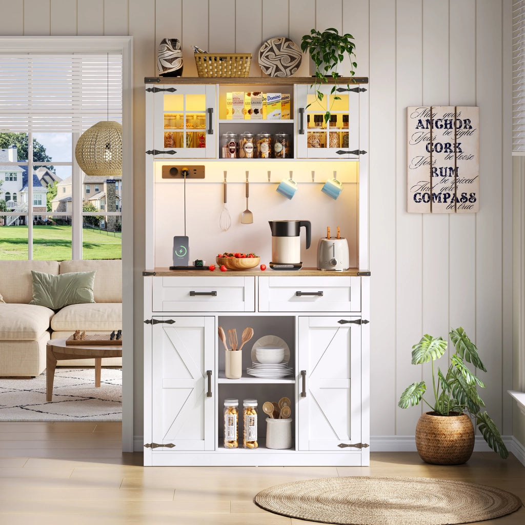 Credenza da Cucina con 2 Cassetti; 4 Vani; Ripiani Regolabili; LED e Prese; in MDF; Marrone e Bianco
