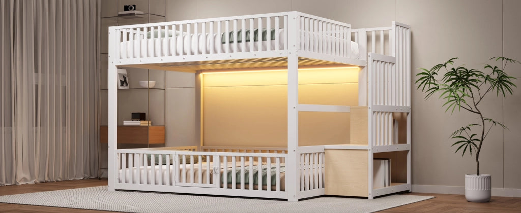 DESMIU Letto a castello 140 × 200 cm 2 posti con LED, scala contenitore, senza materasso, in MDF e metallo, bianco