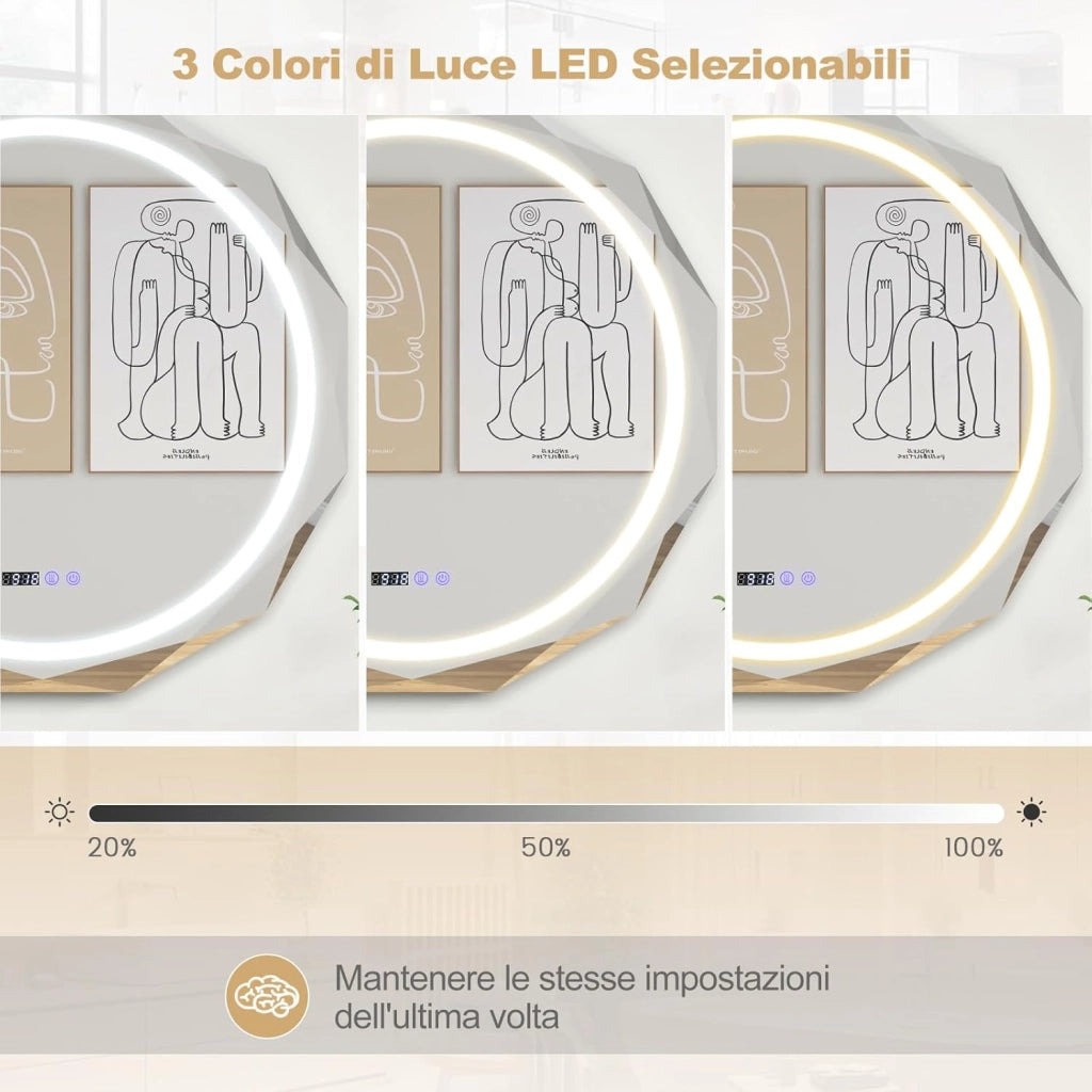 Specchio da Parete 76 x 76cm, Specchio Rotondo con Merletto con Temperatura di 3 Colori Continuamente Regolabili, Resistente agli Urti, Memoria, Lettura di Tempo e Temperatura