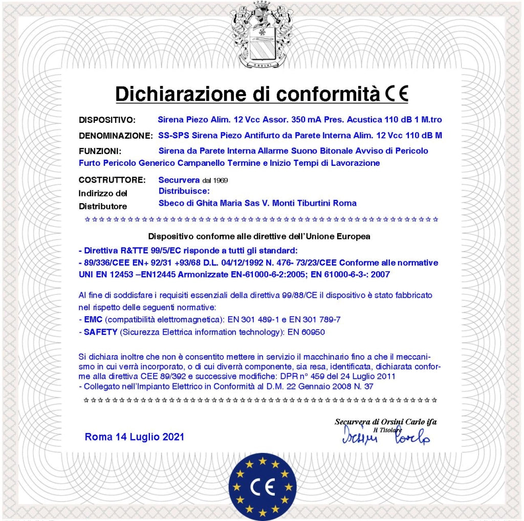 Sirena da Interno a Parete 12 Pezzi Diffusore Piezo Antifurto 120 dB 4 Morsetti Polarizzati Alimentazione 12 Vcc Assorbimento 350 mA Bitonale da 1500/4000 HzProtezione Tamper Contenitore ABS IP32