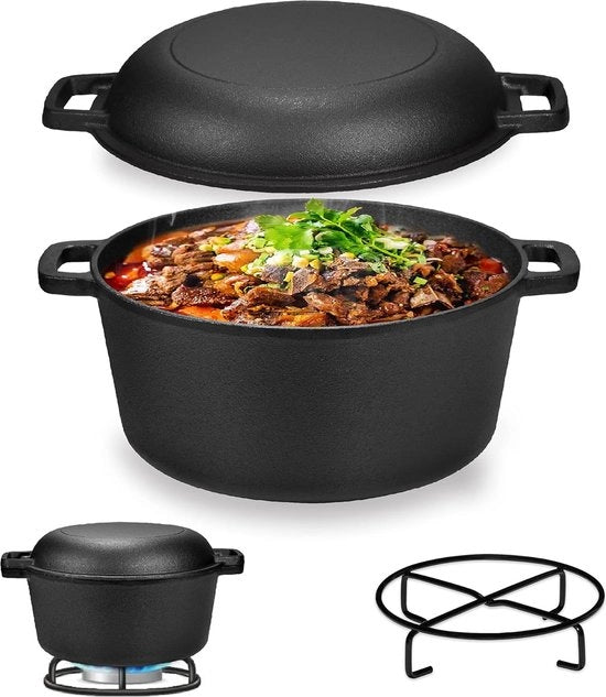 Pentola in ghisa con coperchio, forno a legna, pentola in ghisa con coperchio a doppia funzione e padella per grigliare, cucinare, campeggiare e giardinaggio