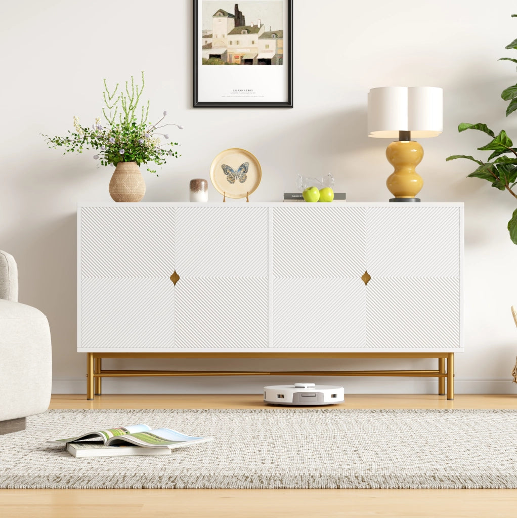 Credenza Bianca con 4 Porte, Superficie Testurizzata e Maniglie Dorate Spazzolate, 160×40×82 cm