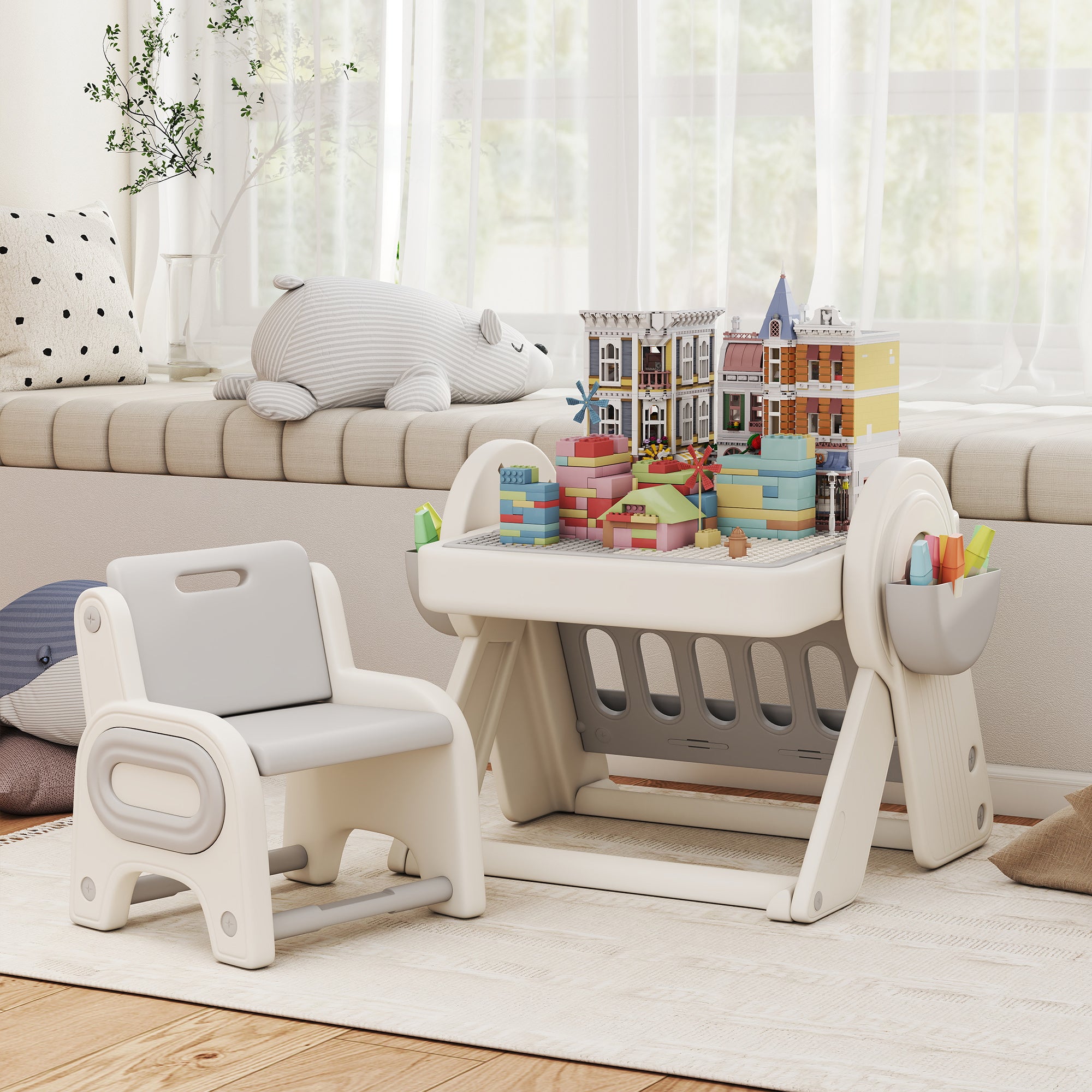 Tavolo Multiuso per Bambini con Ripiano Contenitore e Cassetti in HDPE e PP Grigio e Bianco