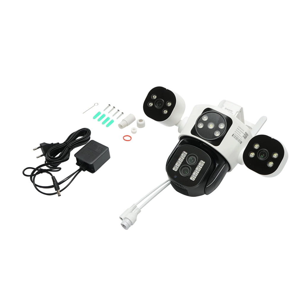 Telecamera di sorveglianza con 4 lenti, 3 obiettivi da 16 MP, WIFI 2.4GHz, rotazione a 360 gradi PTZ con sensore di movimento, zoom 10X, allarme, visione notturna IR, rilevamento umano e applicazione IPC360 Home