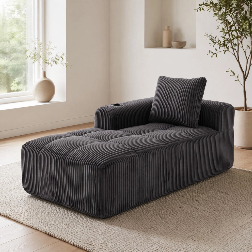 Poltrona relax con tasche laterali e portabicchieri, in tessuto a coste, Grigio scuro 158 × 93 × 61 cm