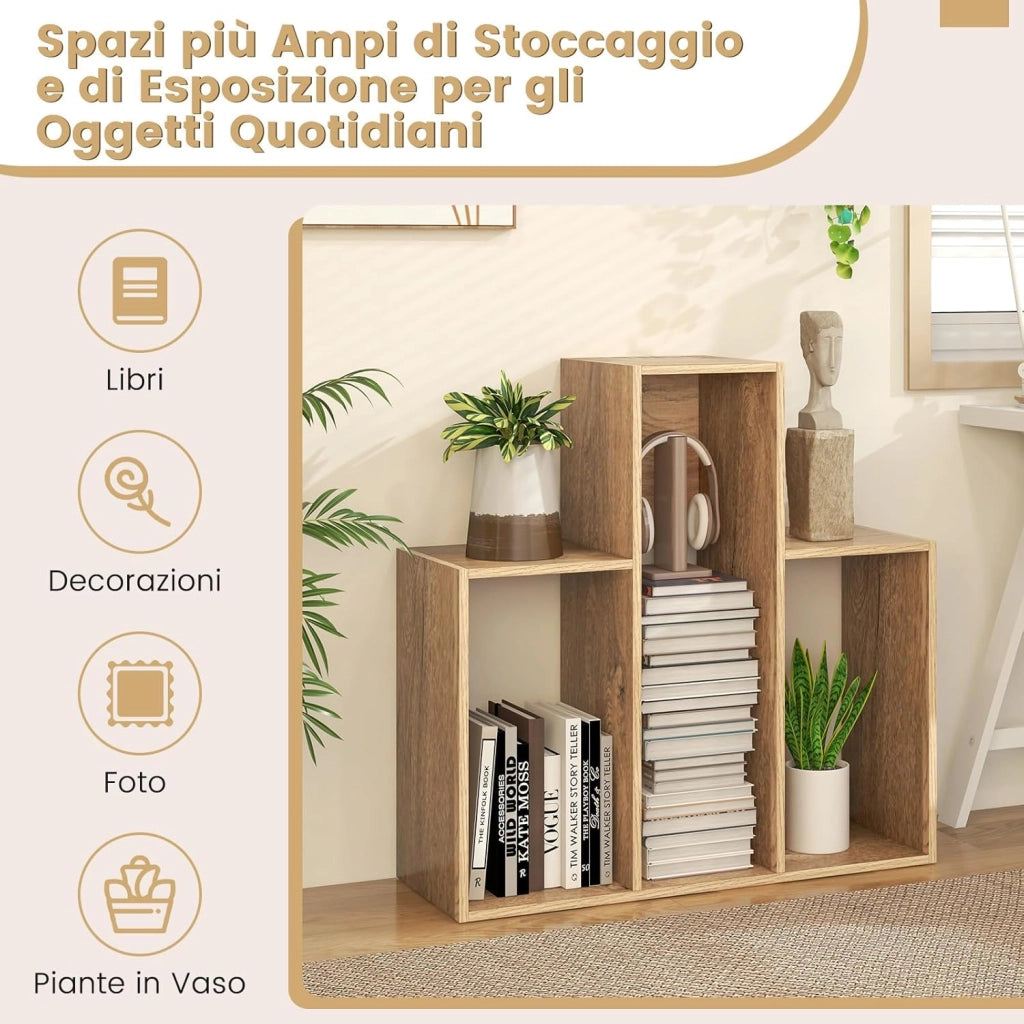 Libreria a Forma Convessa, Scaffale Aperto a 3 Ripiani in Legno, Scaffale da Esposizione con Dispositivo Antiribaltamento, per Soggiorno Ufficio Camera da Letto