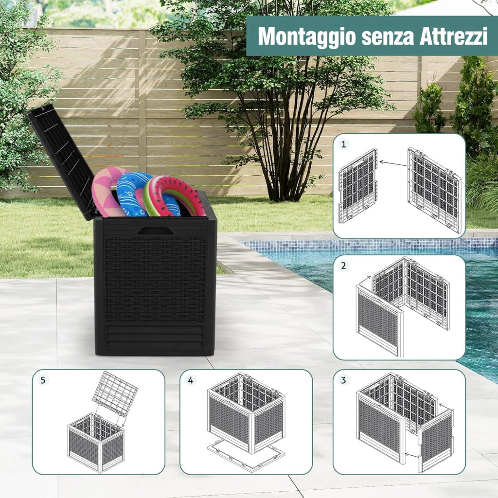 Baule da Esterno 96 L, Cassapanca Contenitore Impermeabile con Effetto Rattan, Coperchio Bloccabile e Maniglie, per Giardino, Patio e Piscina, 58 x 43,5 x 53 cm (Nero)