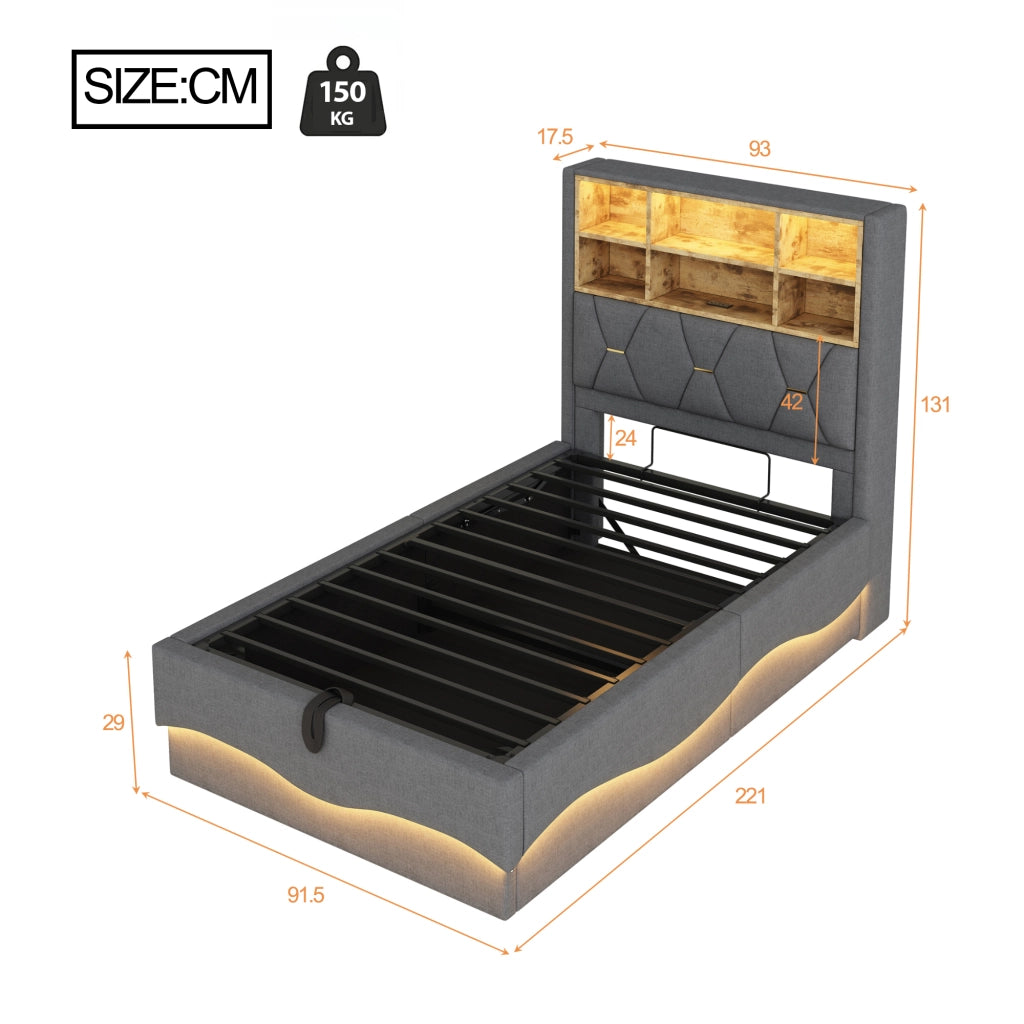 Letto singolo 90×200 cm contenitore con LED e USB; rete sollevabile; senza materasso; ferro; grigio