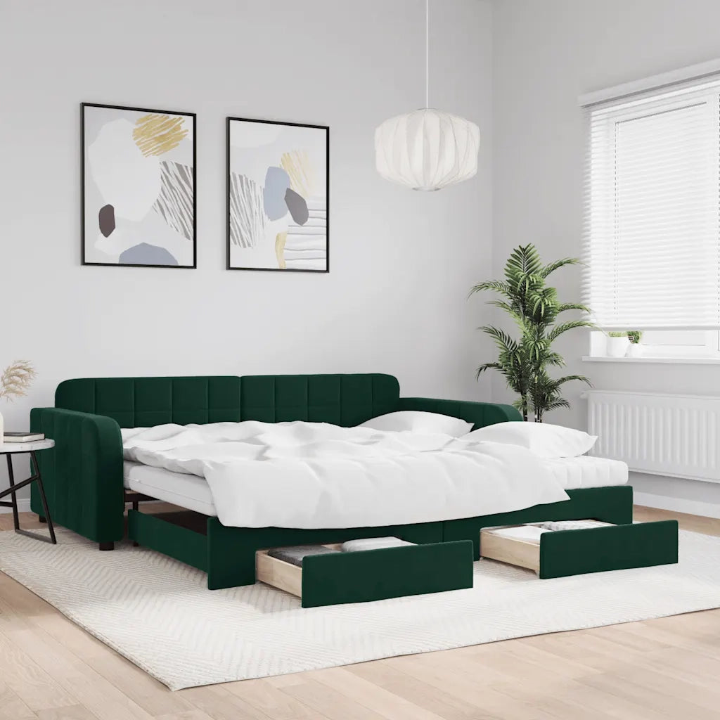 Divano Letto Estraibile Cassetti Verde Scuro 100x200cm Velluto
