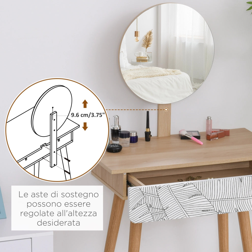 Postazione Trucco con Specchio Circolare ¨C zephmum ¨C Bianco e Rovere, 70x39x119-128cm