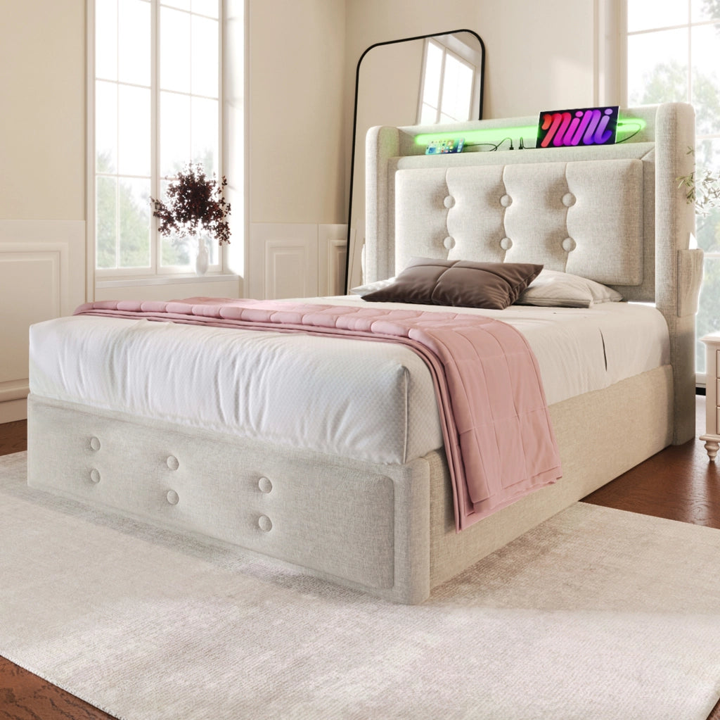 Letto singolo 90x200 beige con LED, USB-C e materasso
