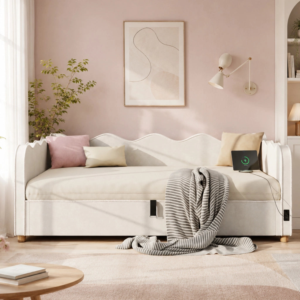 Letto Contenitore 90x200 cm; Letto Singolo - Contenitore idraulico; USB e Type-C - Beige