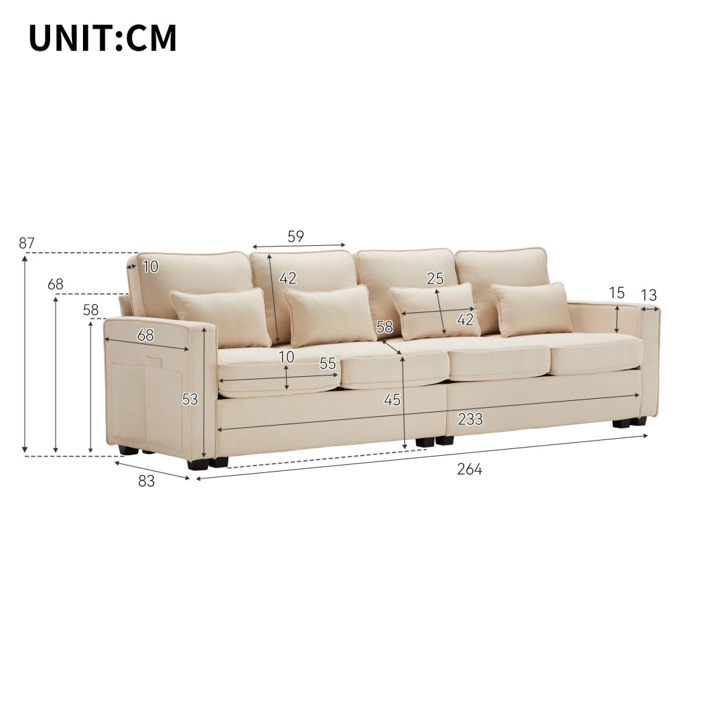 Sofa a 4 posti in effetto lino; beige; 264x83x87 cm
