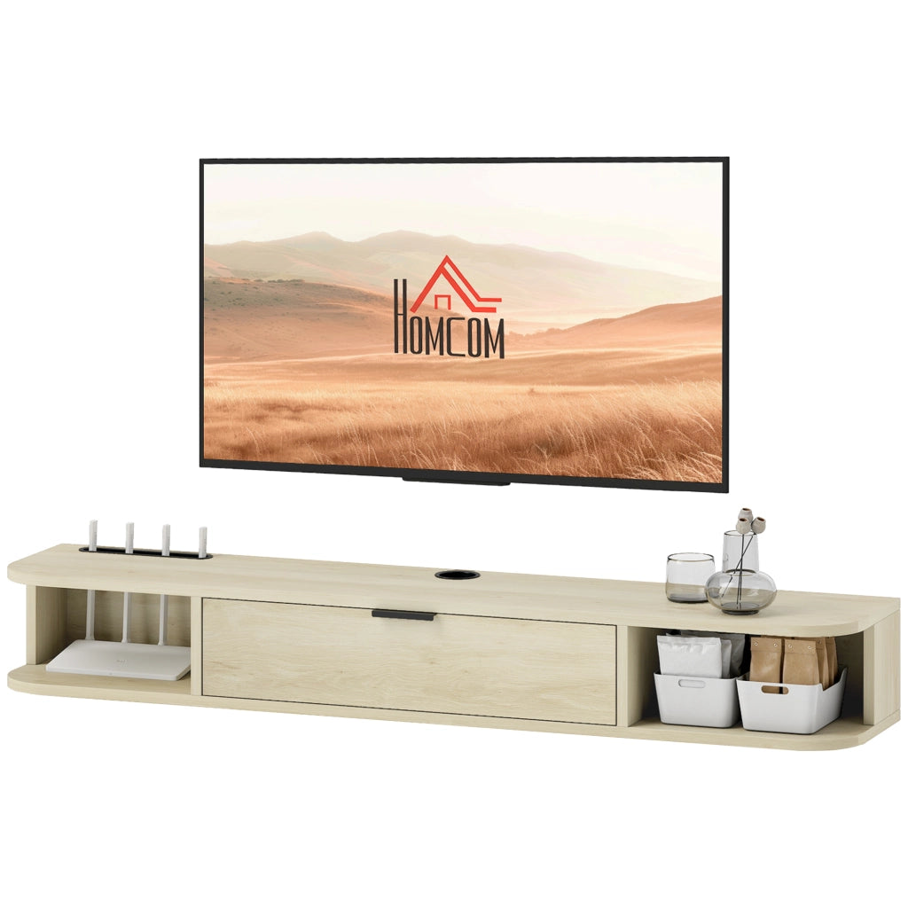 Mobile TV Sospeso con Cassetto e Ripiani Aperti ¨C zephmum ¨C Legno Naturale 120x24x16 cm