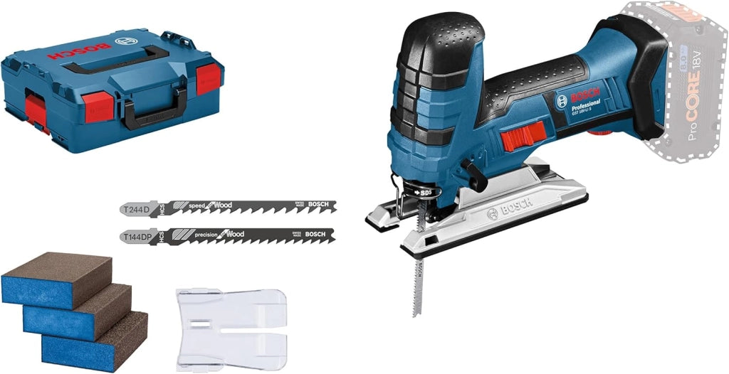 Bosch Professional 06015A6101 Seghetto Alternativo, Profondità: Legno/Alluminio/Metallo: 120/20/8 mm, 3 Lame, Protezione, Senza Batterie, in L-Boxx, 0 W, 18 V, Blu, Versione con Staffa