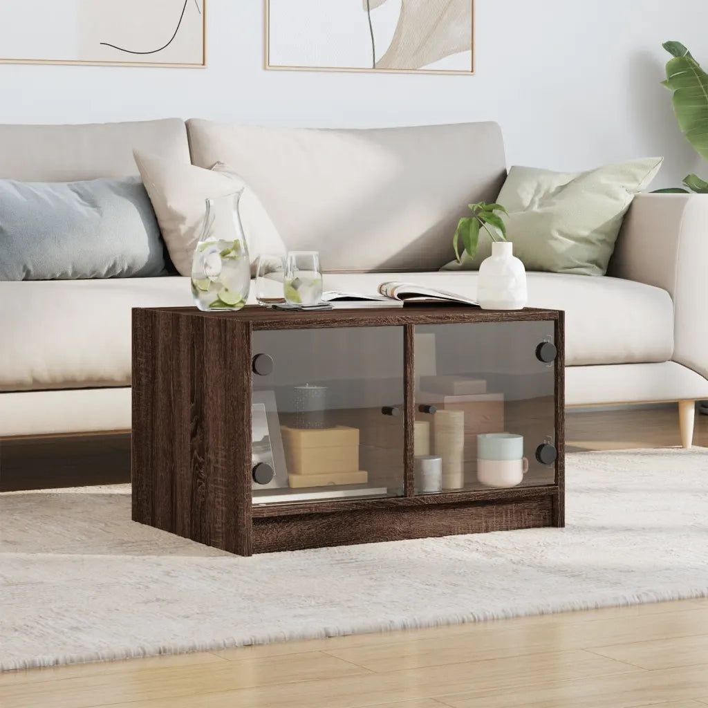 Tavolino da salotto | Tavolino da caff¨¨ | Tavolino da Soggiorno con Ante in Vetro Rovere Marrone 68x50x42cm