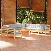 Set Divani da Giardino 9 pz con Cuscini Grigi Massello di Pino 3096826