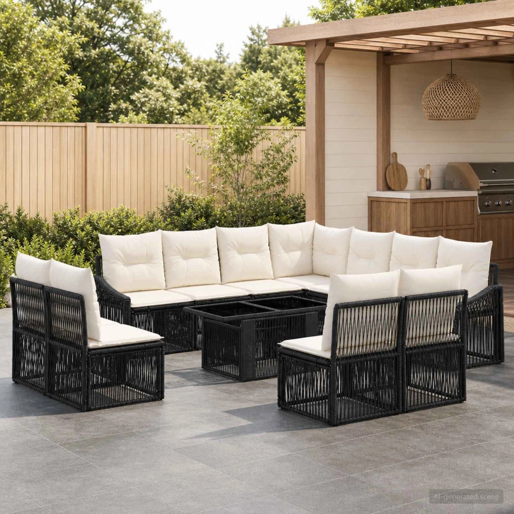 Set Divano da Giardino 12 pz Nero e Bianco Crema polyrattan 3437266