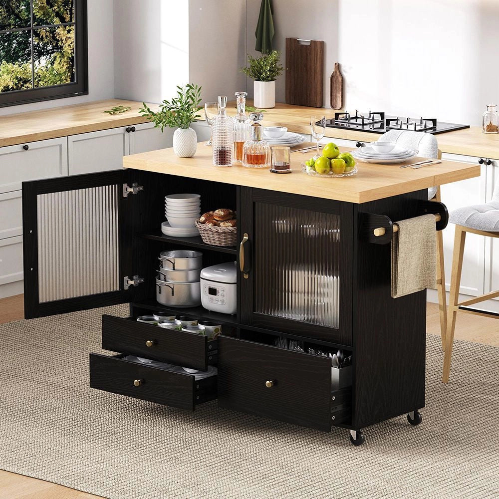 Isola da cucina mobile - Xylo - con ruote e tavolo allungabile, porta bicchieri e spazio di stoccaggio, nero