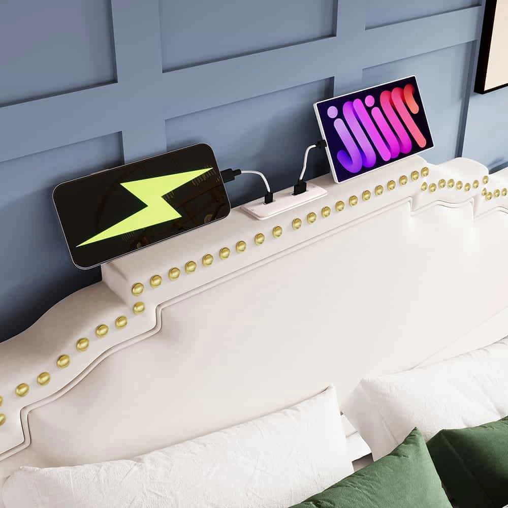 Letto matrimoniale-Xylo-140x200 cm-4 cassetti, LED, USB-C, velluto beige, senza materasso
