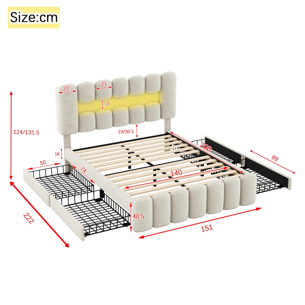 DESMIU Letto imbottito 140 × 200 cm 2 posti con 4 cassetti, LED, USB e altoparlanti, senza materasso, beige