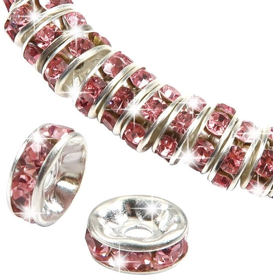 Strass Spacer Rondelle 100 Stuks - 8 mm - Metallo Rosa - Cristalli Strass - Luccicanti - Per Creare Gioielli - Gioiellini Adattatori