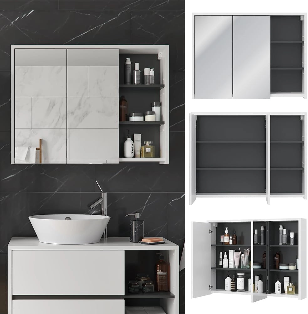 Specchio contenitore bagno Viola, Bianco/antracite, 100 x 75 cm, per montaggio a parete con ripiani aperti