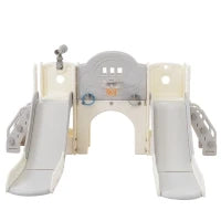 8-in-1 Scivolo per Bambini, Gioco da Arrampicata Multifunzionale con 2 Scivoli, Scala da Arrampicata, Canestro da Basket, Gioco del Lazo, Binocolo, Armadietti, 200×165×95 cm,Grigio antico bianco