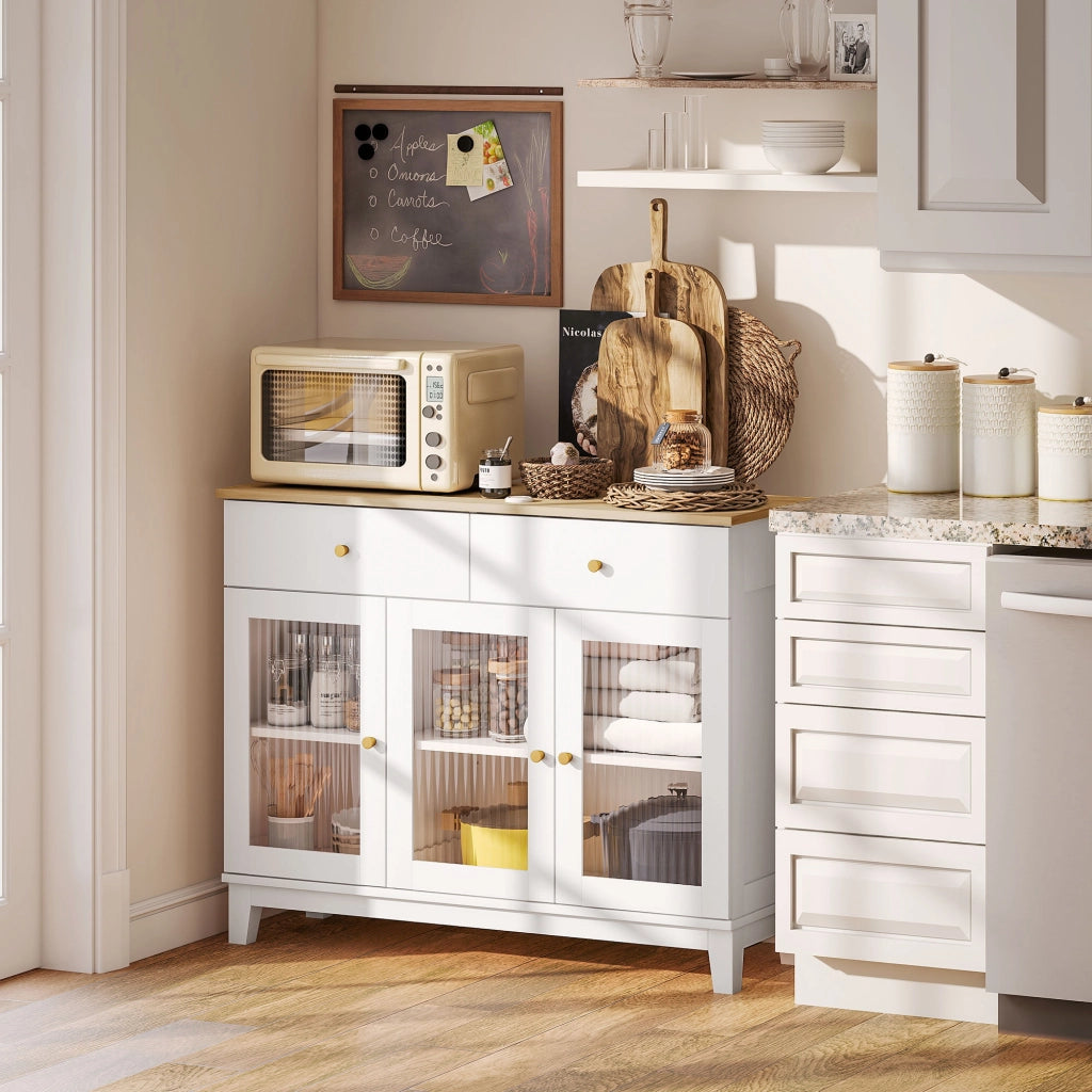Credenza Cucina Mobile Buffet Ante in Vetro 100x35x80.3cm Bianco e Rovere