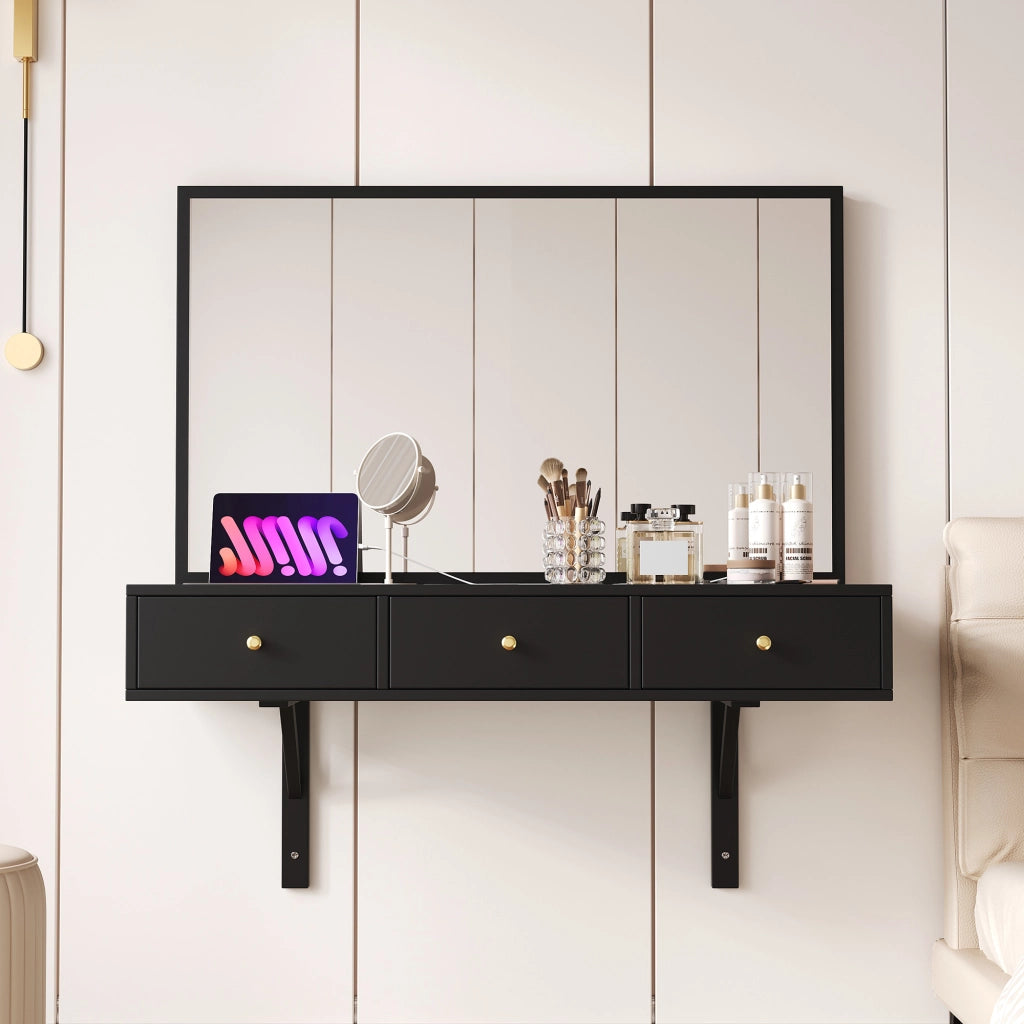 Toeletta con 3 cassetti; specchio e prese per camera da letto - 100x45x105 cm - nero