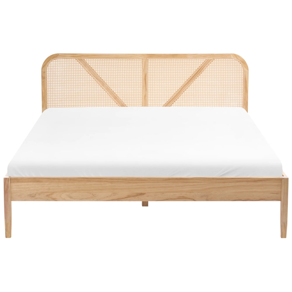 Letto matrimoniale con struttura in legno di pino e testiera in rattan marrone chiaro 160x200 cm in stile retrò