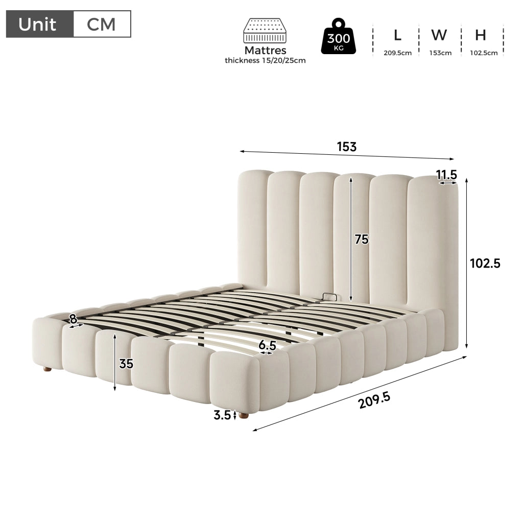 Letto imbottito con contenitore idraulico, 140x190 cm, velluto beige