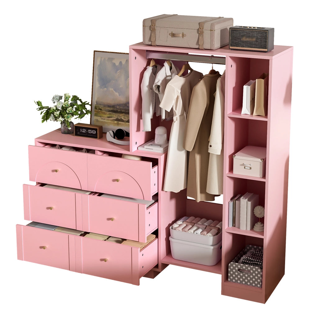 Armadio Guardaroba Aperto Rosa 139×35×133 cm con Barra Appendabiti; 6 Cassetti e Ripiani Laterali